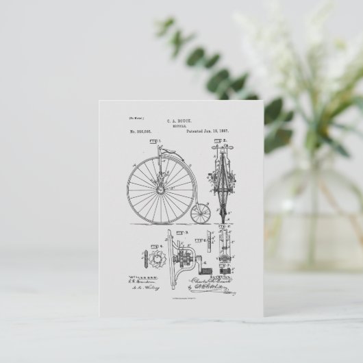 Antiek Fiets 1887 Penny Farthing Patent Tekening Briefkaart (Staand voorkant)