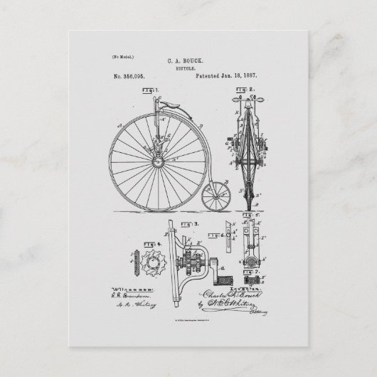 Antiek Fiets 1887 Penny Farthing Patent Tekening Briefkaart (Voorkant)