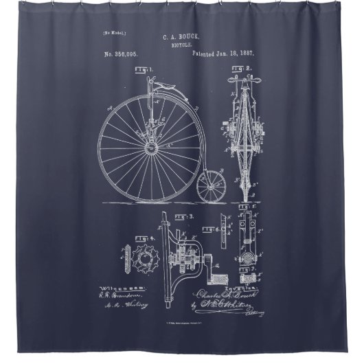 Antiek Fiets 1887 Penny Farthing Patent Tekening Douchegordijn (Voorkant)