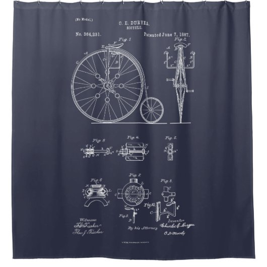Antiek Fiets 1887 Penny Farthing Patent Tekening Douchegordijn (Voorkant)