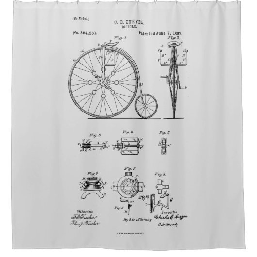 Antiek Fiets 1887 Penny Farthing Patent Tekening Douchegordijn (Voorkant)
