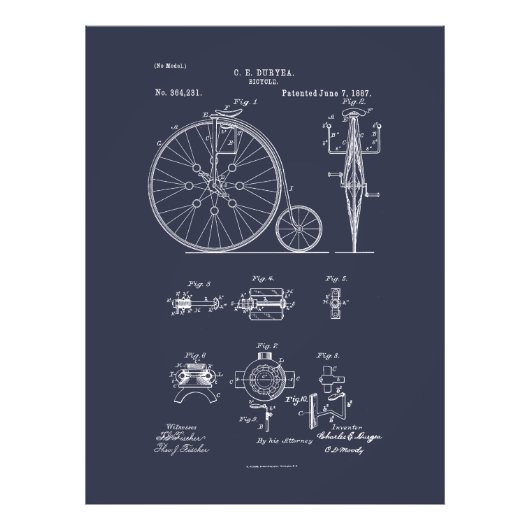 Antiek Fiets 1887 Penny Farthing Patent Tekening Foto Afdruk (Voorkant)