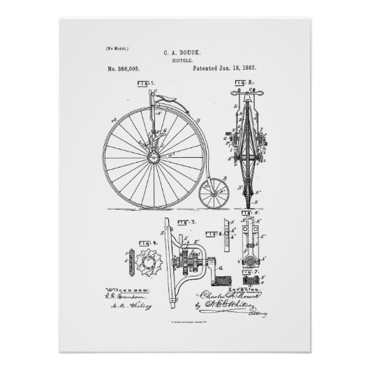 Antiek Fiets 1887 Penny Farthing Patent Tekening Foto Afdruk (Voorkant)