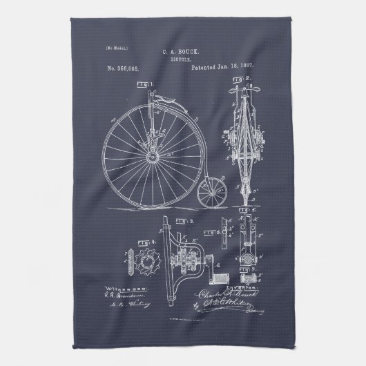 Antiek Fiets 1887 Penny Farthing Patent Tekening Theedoek (Verticaal)