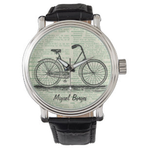 Antiek Fiets Vintage Boekpagina Kunst Groen Custom Horloge