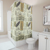 Antiek fietsen en fietsreclamecamlage douchegordijn (In situ)