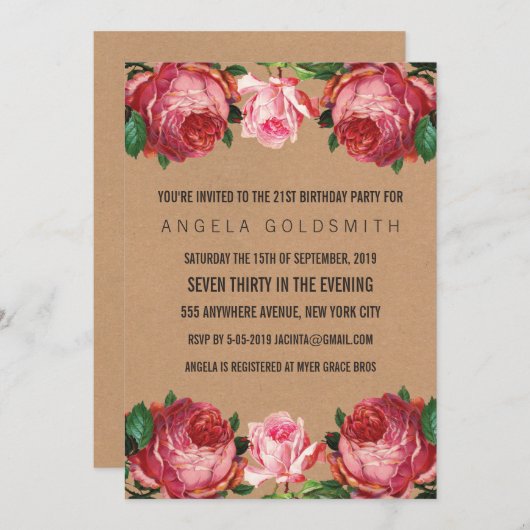 Antiek Floral 21e verjaardag uitnodiging (Voorkant / Achterkant)