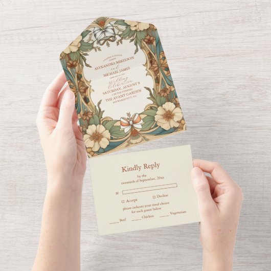 Antiek Floral Art Nouveau bruiloft All In One Uitnodiging (Afscheurbaar)
