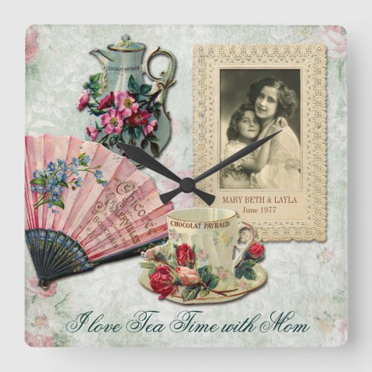 Antiek  Floral Cup Teapot Fan Lace Lijst Vierkante Klok (Voorkant)