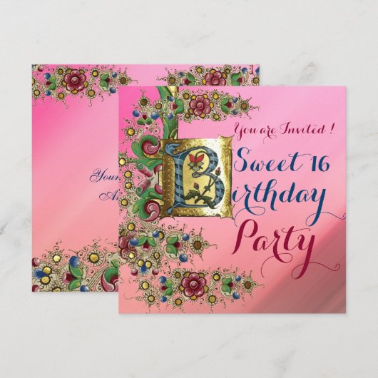 ANTIEK FLORAL GOLD PINK SWEET 16 BIRTHDAY PARTIJ KAART (Voorkant / Achterkant)