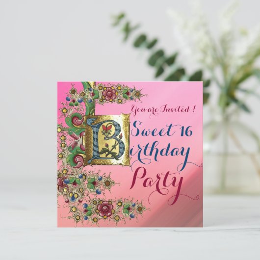 ANTIEK FLORAL GOLD PINK SWEET 16 BIRTHDAY PARTIJ KAART (Staand voorkant)