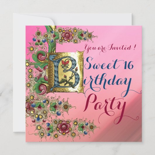 ANTIEK FLORAL GOLD PINK SWEET 16 BIRTHDAY PARTIJ KAART (Voorkant)