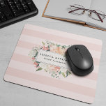 Antiek Floral Logo | Blush roze streep Muismat<br><div class="desc">Het elegante florale logo mousepad-ontwerp is voorzien van een jouw naam en/of handelsnaam die is omgeven door een rand van bloemen in de waterverf van de spoelroze,  sage-groen,  perzik en crème,  op een toon op de witte pastelroze stripe achtergrond.</div>