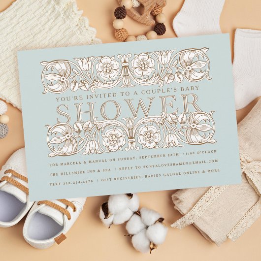 Antiek Floral Ornamenten Blauw Baby shower Kaart