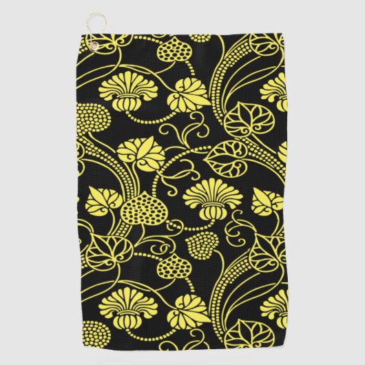 Antiek Floral Pattern Black and Yellow Golfhanddoek (Voorkant)