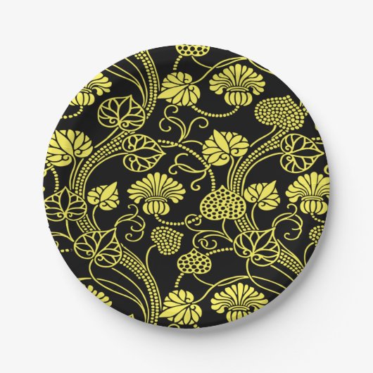 Antiek Floral Pattern Black and Yellow Papieren Bordje (Voorkant)
