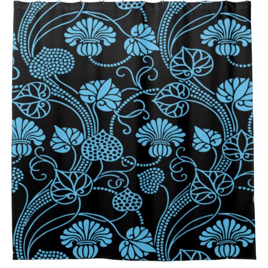 Antiek Floral Pattern Black op Blue Douchegordijn (Voorkant)