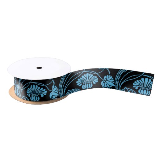 Antiek Floral Pattern Black op Blue Satijnen Lint (Spoel)