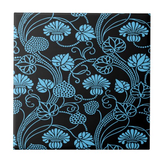 Antiek Floral Pattern Black op Blue Tegeltje (Voorkant)