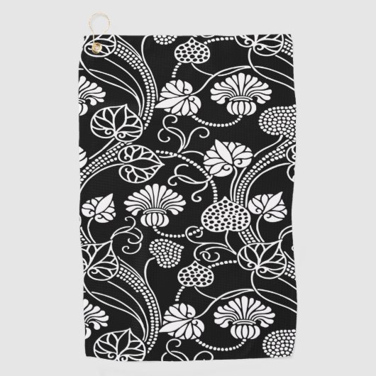 Antiek Floral Pattern Black op White Golfhanddoek (Voorkant)