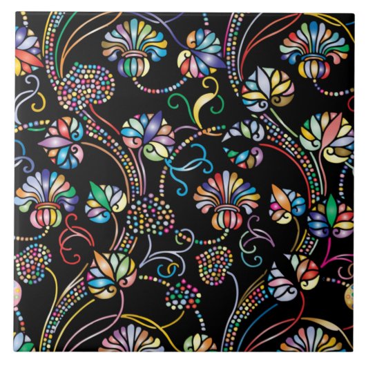 Antiek Floral Pattern Multi Color op Black Tegeltje (Voorkant)