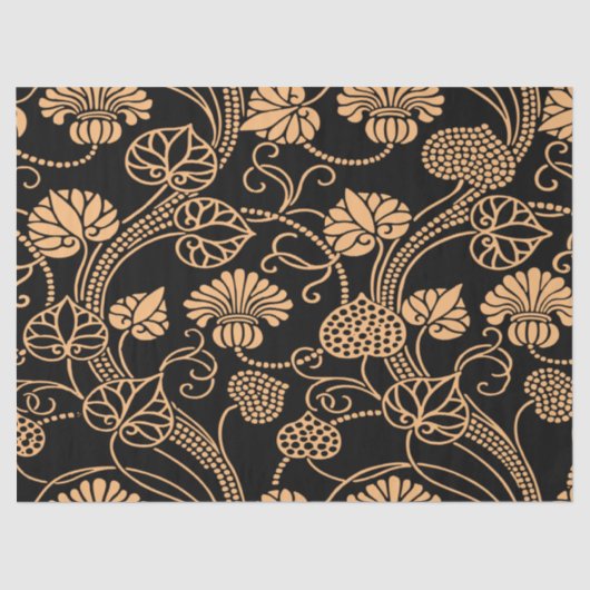 Antiek Floral Pattern Sinaasappel op Black Tissuepapier (Voorkant)