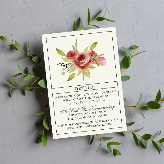 Antiek Floral Pink Evergreen Bouquet Wedding Informatiekaartje