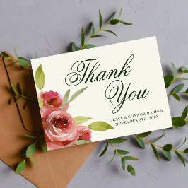 Antiek Floral Pink Evergreen Waterverf Wedding Bedankkaart