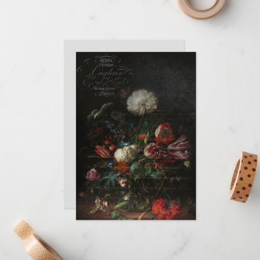 Antiek Floral still Life & French Script Notitiekaartje (Voorkant / Achterkant in situ)