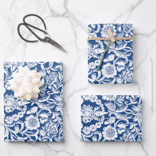 Antiek Floral wit blauw Inpakpapier Vel (Voorkant)