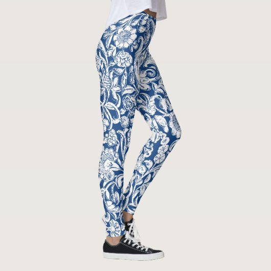 Antiek Floral wit op blauw Leggings (Rechts)