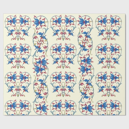 ANTIEK FLORENTIJNSE RODE BLAUWE BLOEMIGE HARTMOTIE CADEAUPAPIER (Vlak)