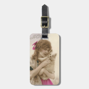 Antiek foto Victoriaans vrouw en hond Bagagelabel