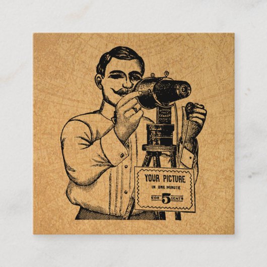 Antiek fotograaf met camera informatiekaartje (Voorkant)
