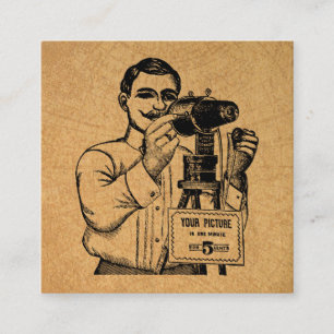 Antiek fotograaf met camera informatiekaartje