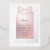 Antiek frame roze strik doopsel folie uitnodiging (Voorkant)
