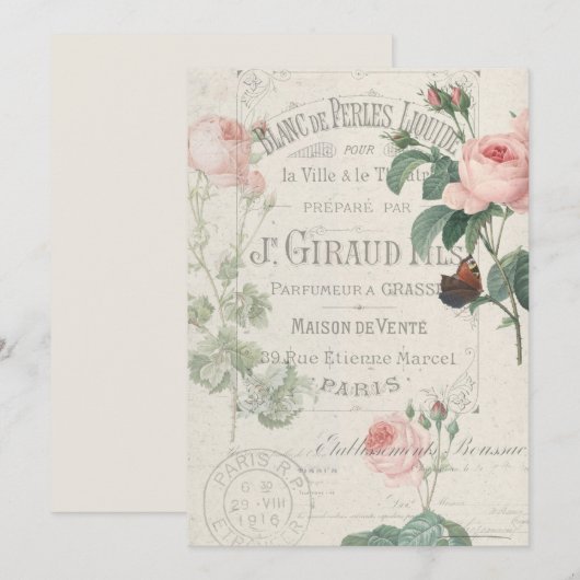 Antiek Frans Redoute Roos Ephemera Notitiekaartje (Voorkant / Achterkant)