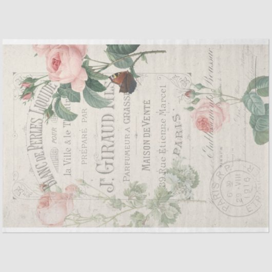 Antiek Frans Redoute Roos Ephemera ontkoppeling Tissuepapier (Voorkant)