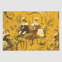 Antiek Franse Gele Toile Victoriaans Decoupage