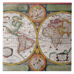 Antiek Franse kaart van de wereld Tegeltje