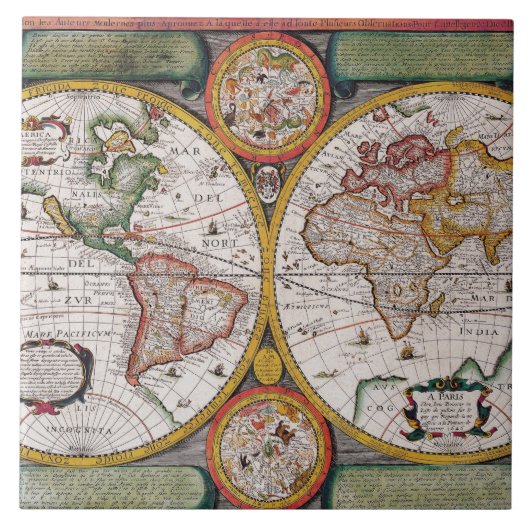 Antiek Franse kaart van de wereld Tegeltje (Voorkant)