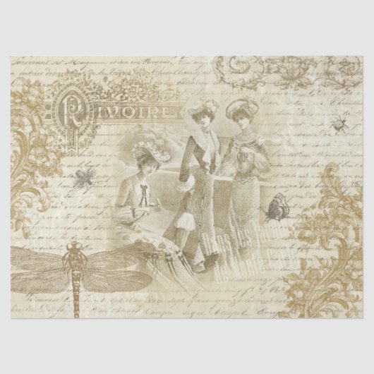 Antiek  Franse Mode Ephemera Beige Tissuepapier (Voorkant)
