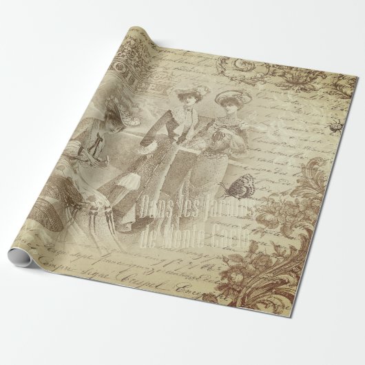 Antiek  Franse Mode Ephemera Script Cadeaupapier (Uitgerold)