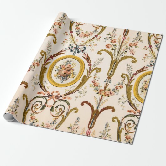 Antiek Franse Rococo Floral Gold Cream Decoupage Cadeaupapier (Uitgerold)