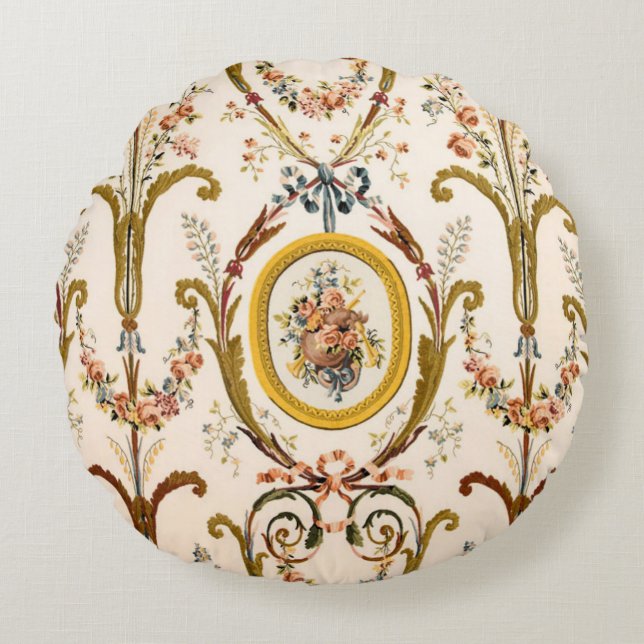 Antiek Franse Rococo Floral Gold Cream Elegant Rond Kussen (Voorkant)