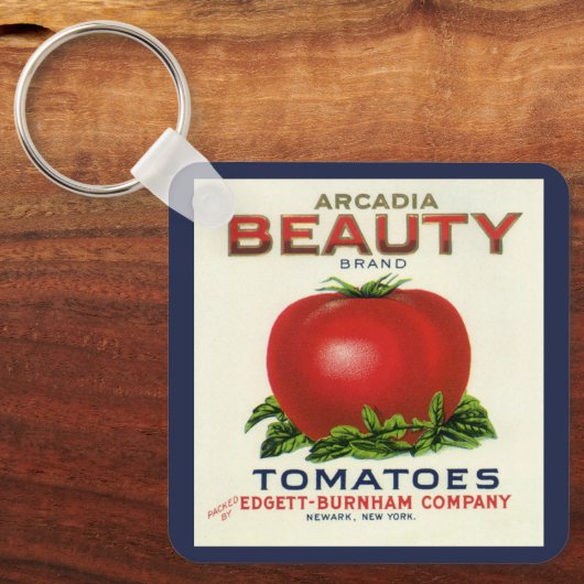 Antiek fruitkistlabel, Arcadia Beauty Tomaten Sleutelhanger (Voorkant)
