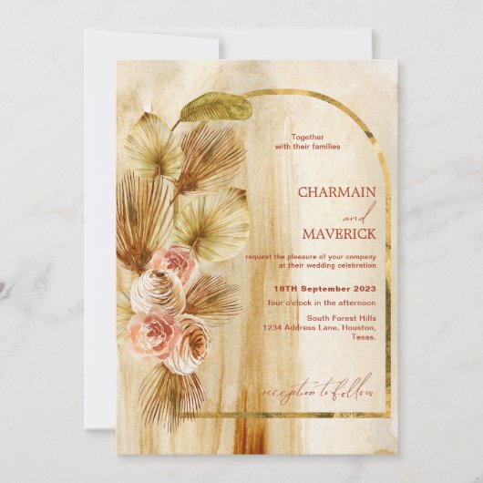 Antiek Gebogen Goud Boheemse Gedroogde Bloem Bruil Kaart (Voorkant)