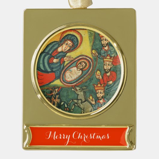 ANTIEK GEBOORTEPERKAMENT, AANBIDDING VAN MAGI VERGULD BANNER ORNAMENT (Voorkant)