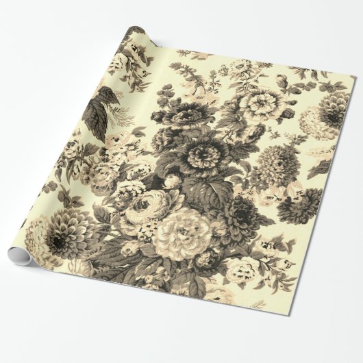Antiek Geel Bruin  Floral Toile Cadeaupapier (Uitgerold)