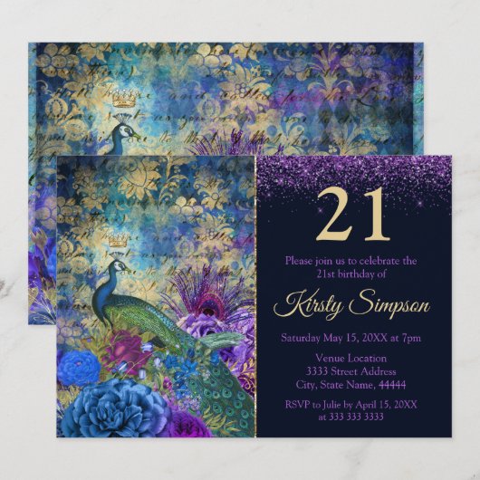 Antiek geïllustreerd pacock & bloemen van afgelope kaart (Voorkant / Achterkant)